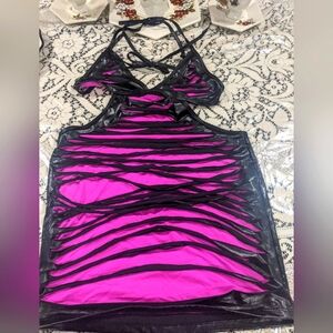 Women's Vintage Rare Cut Out Strappy Festival Rave Pink Black Mini Dress L